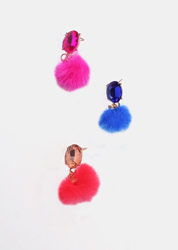 gemstone-fuzzy-pom-pom-earrings